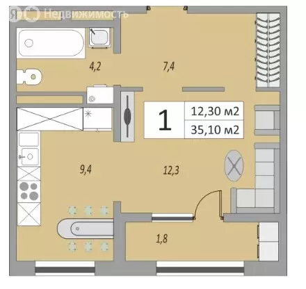 1-комнатная квартира: Оренбург, улица Юркина, 8 (35.1 м) - Фото 0