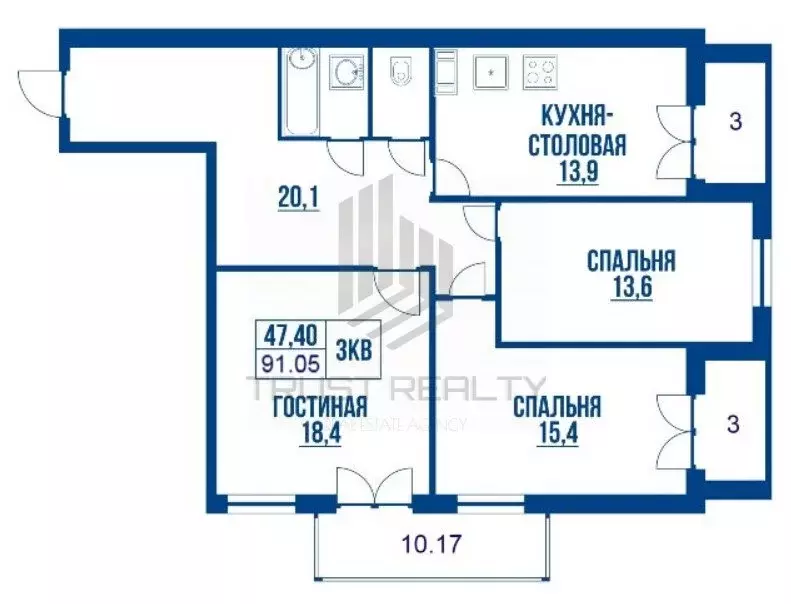 3-комнатная квартира: Санкт-Петербург, Днепропетровская улица, 7 ... - Фото 0