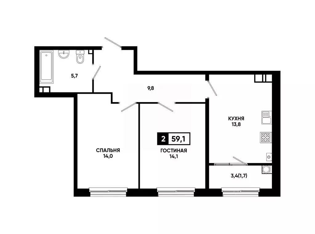2-к кв. Ставропольский край, Ставрополь ул. Доваторцев, 179Гк1 (59.1 ... - Фото 1