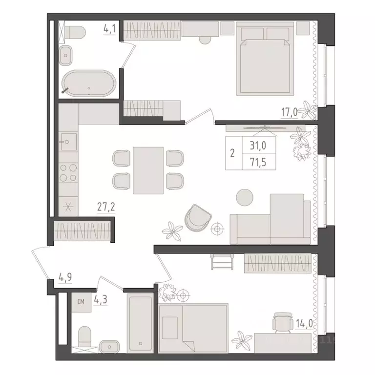 2-к кв. Башкортостан, Уфа 563-й кв-л,  (71.5 м) - Фото 1