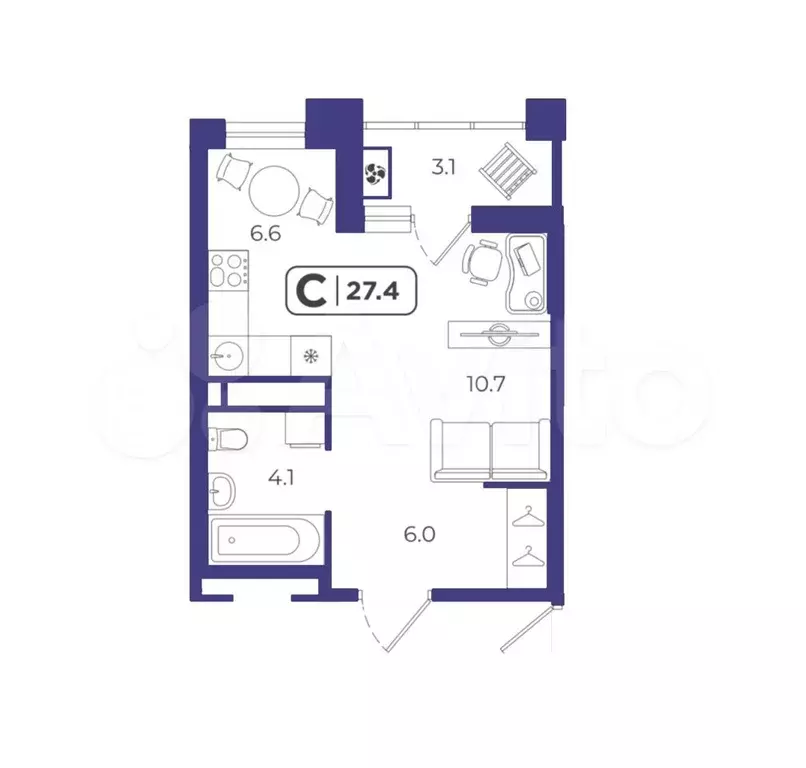 Квартира-студия, 27 м, 2/17 эт. - Фото 1