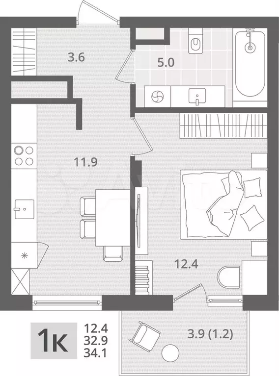 1-к. квартира, 34,1 м, 6/7 эт. - Фото 1