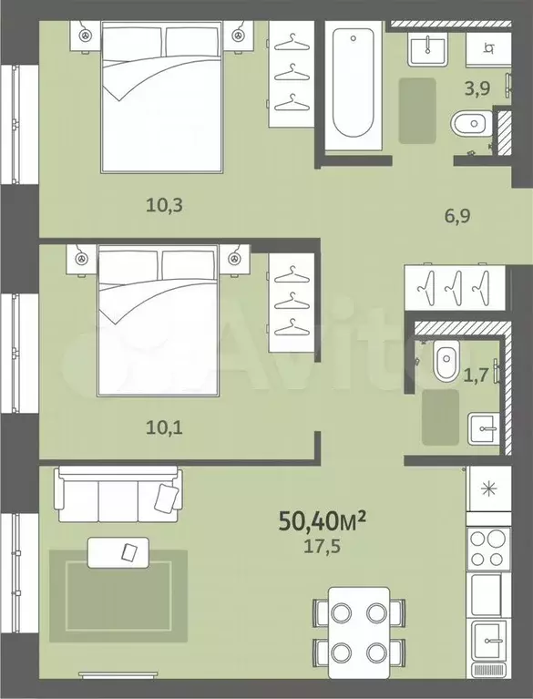 2-к. квартира, 50,4 м, 5/8 эт. - Фото 0