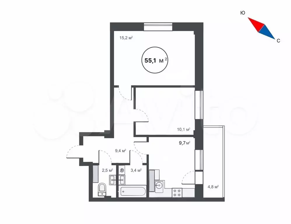 2-к. квартира, 55.1 м, 13/17 эт. - Фото 1