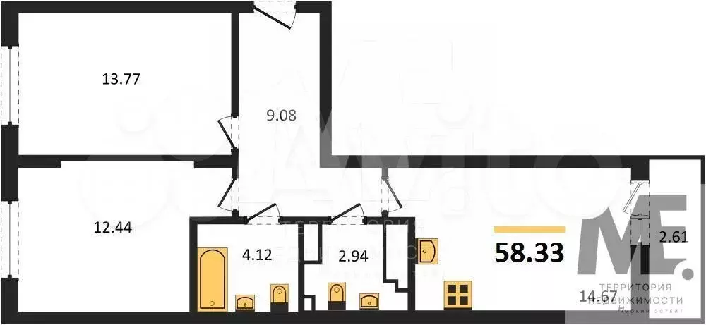 2-к. квартира, 58,3 м, 7/9 эт. - Фото 0
