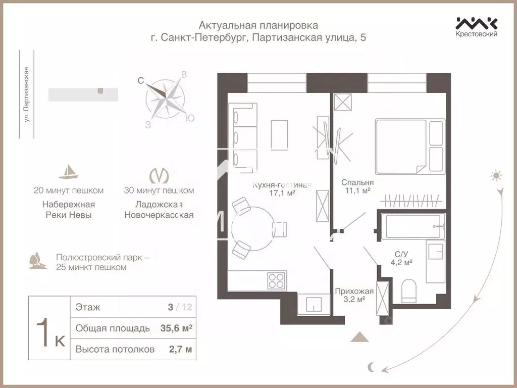 1-к кв. Санкт-Петербург ЛСР Большая Охта жилой комплекс (35.6 м) - Фото 0