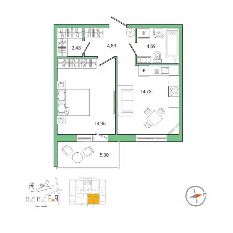 1-к кв. Ленинградская область, Гатчина ул. Чехова, 39к2 (42.8 м) - Фото 1