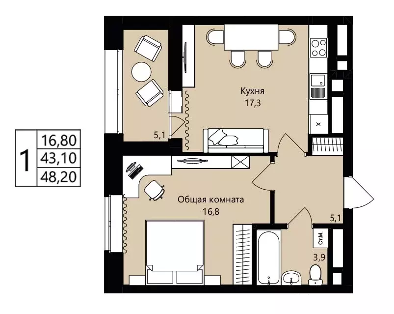 1-комнатная квартира: Саранск, жилой район Юбилейный, 3-й микрорайон, ... - Фото 1