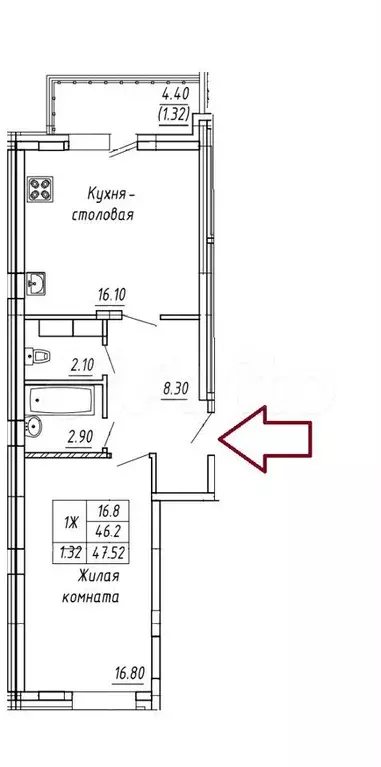 1-к. квартира, 47,5 м, 3/16 эт. - Фото 0