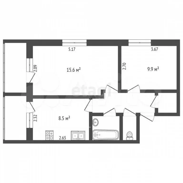 2-к. квартира, 43,6 м, 1/3 эт. - Фото 0