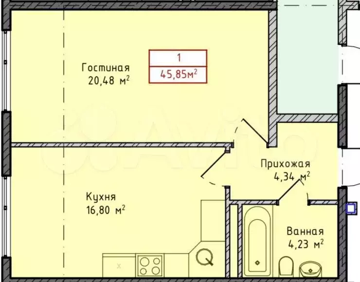 1-к. квартира, 46 м, 4/16 эт. - Фото 1