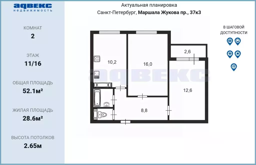 2-к кв. Санкт-Петербург просп. Маршала Жукова, 37К3 (52.1 м) - Фото 2