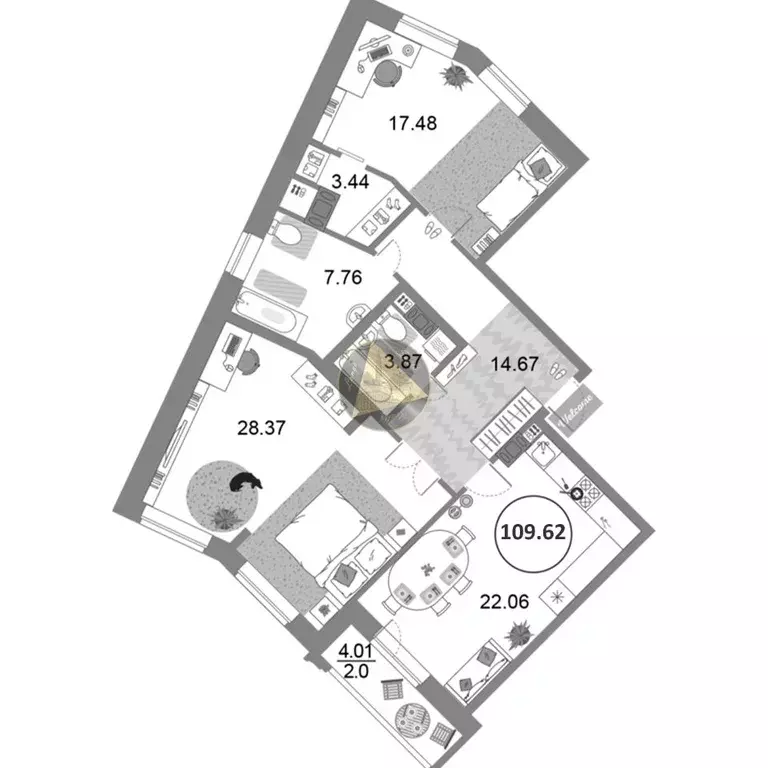 2-к кв. Санкт-Петербург просп. Авиаконструкторов, 54 (109.62 м) - Фото 2
