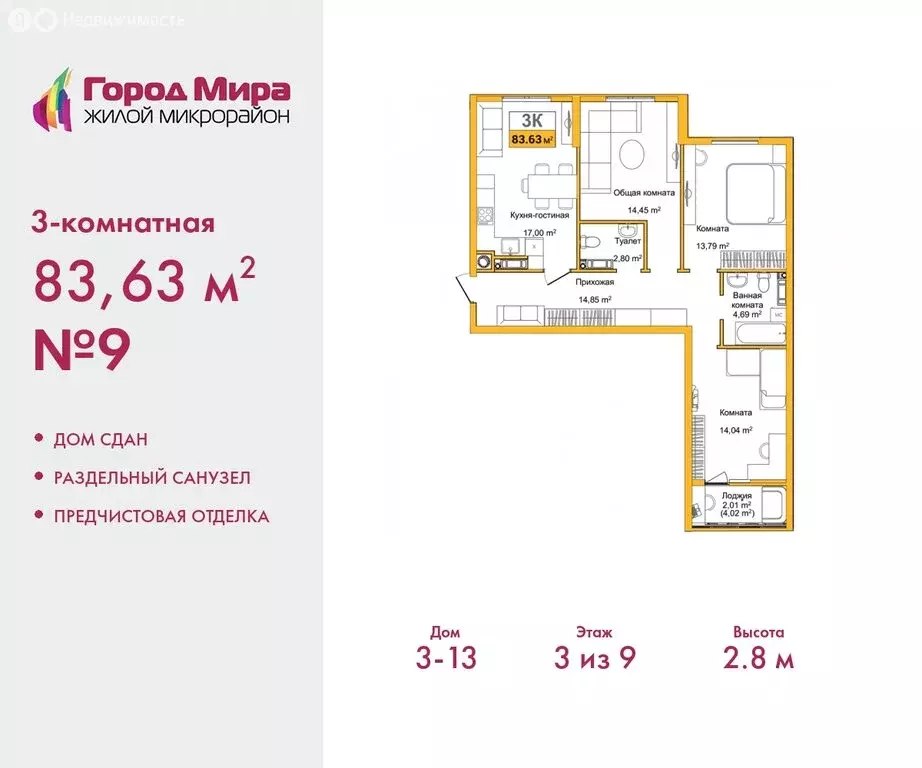 3-комнатная квартира: Симферополь, улица Батурина, 133 (83.63 м) - Фото 0