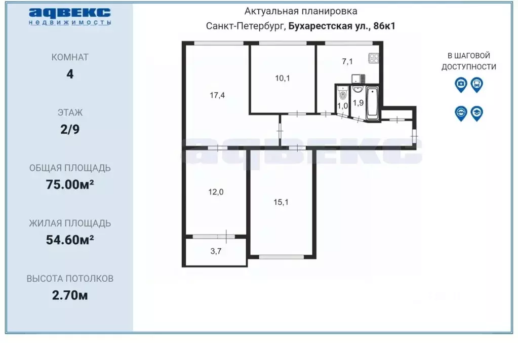4-к кв. Санкт-Петербург Бухарестская ул., 86К1 (74.0 м) - Фото 1