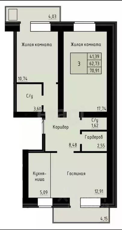 3-к кв. Архангельская область, Архангельск Рейдовая ул., 21к1 (70.91 ... - Фото 1