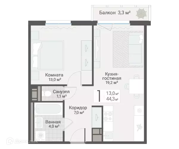 Продаётся 1-к квартира, 44.3 м - Фото 0