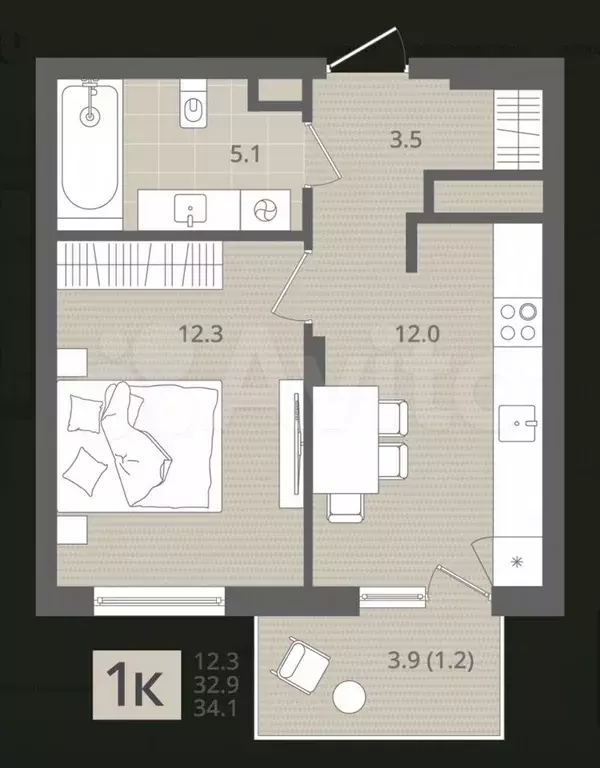 1-к. квартира, 34 м, 3/7 эт. - Фото 1