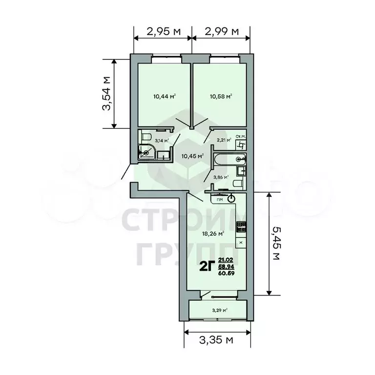 2-к. квартира, 60,6 м, 7/9 эт. - Фото 1