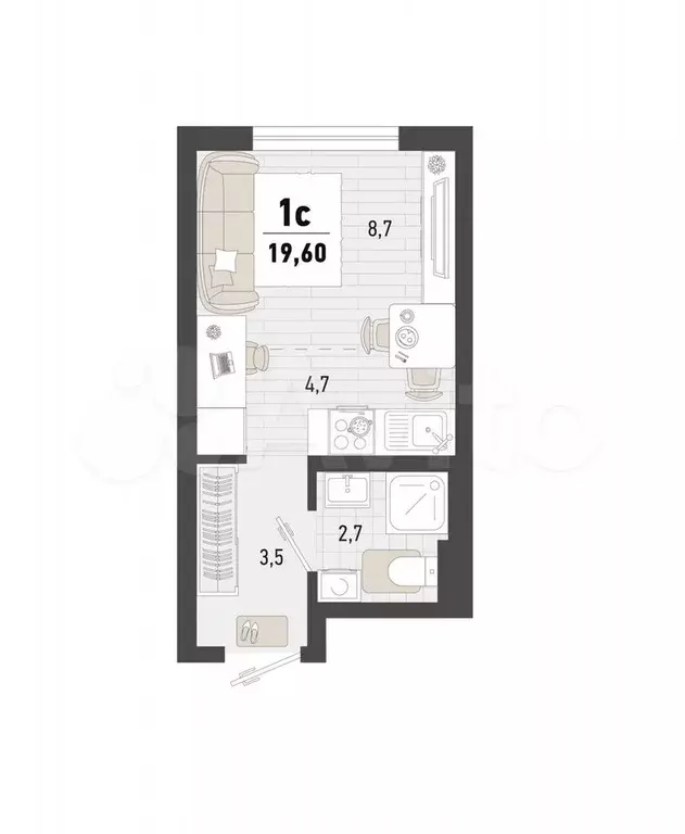 Квартира-студия, 19,6 м, 3/15 эт. - Фото 0