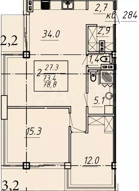 2-к. квартира, 78,8 м, 8/8 эт. - Фото 0