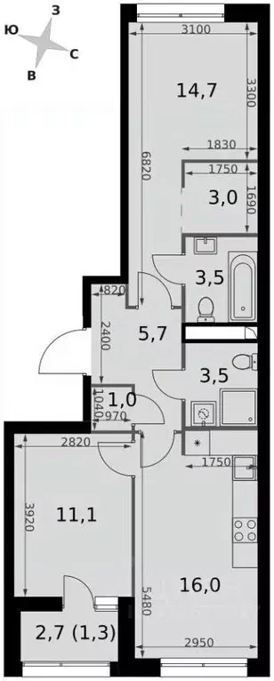 2-к кв. Москва Строительный проезд, 9к1 (59.8 м) - Фото 1