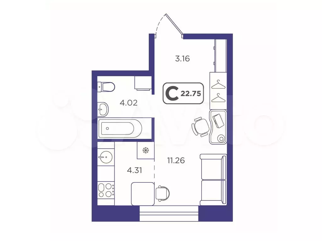 Квартира-студия, 22,8 м, 5/10 эт. - Фото 1