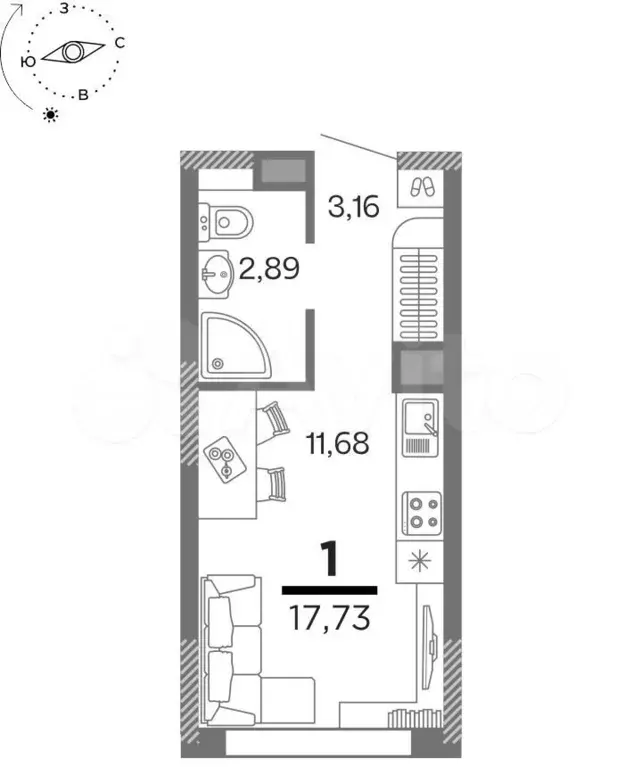 1-к. квартира, 17,7 м, 7/16 эт. - Фото 0