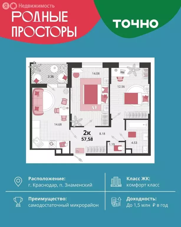 2-комнатная квартира: посёлок Знаменский, Природная улица, 10Бк19 ... - Фото 1