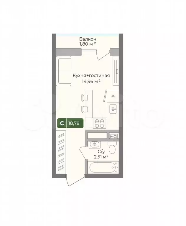 Квартира-студия, 18,8 м, 8/10 эт. - Фото 1