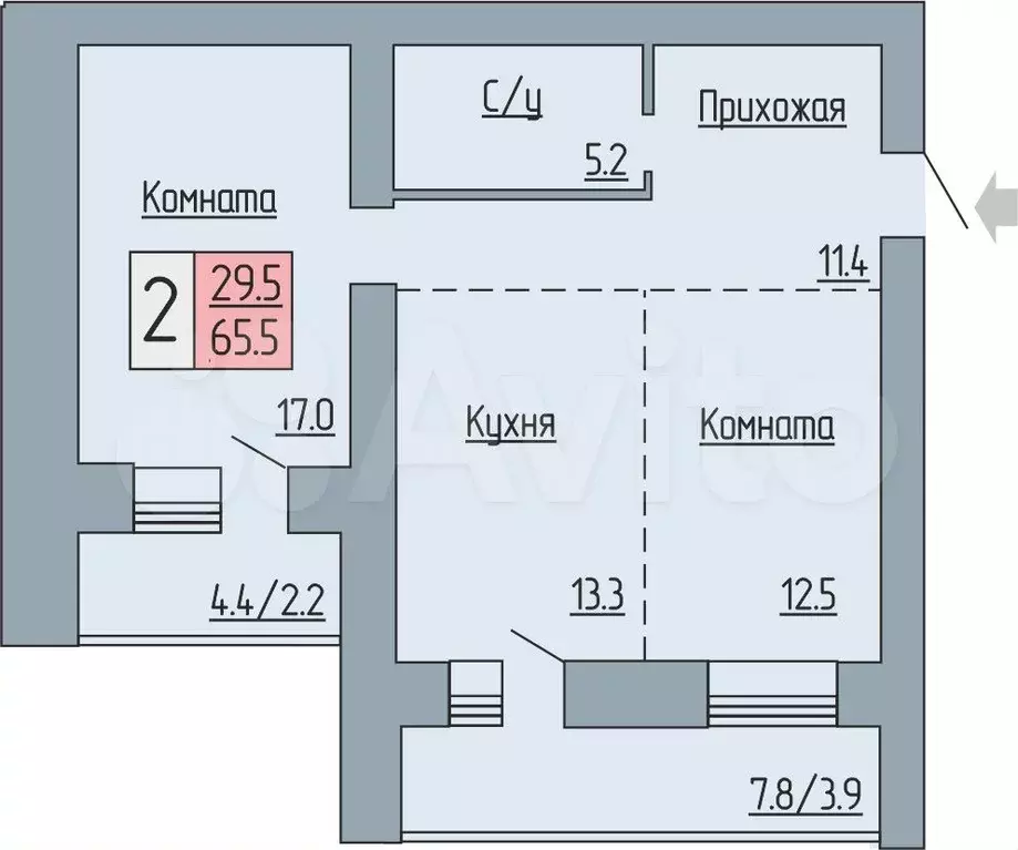 2-к. квартира, 65,5 м, 6/17 эт. - Фото 0