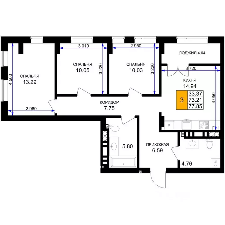 3-к кв. Калининградская область, Гурьевск Включи жилой комплекс (77.85 ... - Фото 1