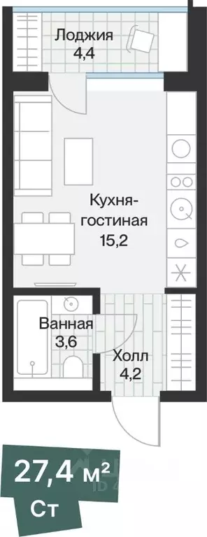Студия Тюменская область, Тюмень ул. Игоря Комиссарова, 9 (25.19 м) - Фото 0