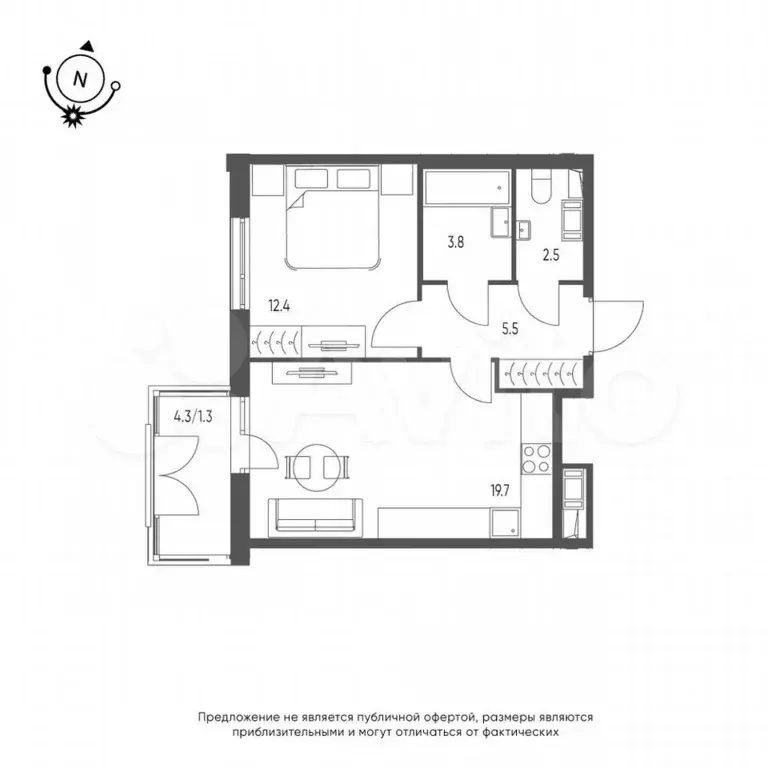 1-к. квартира, 45,2 м, 9/9 эт. - Фото 0