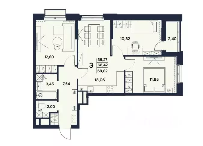 3-к кв. Пензенская область, Пенза Гармония жилой комплекс (68.82 м) - Фото 1