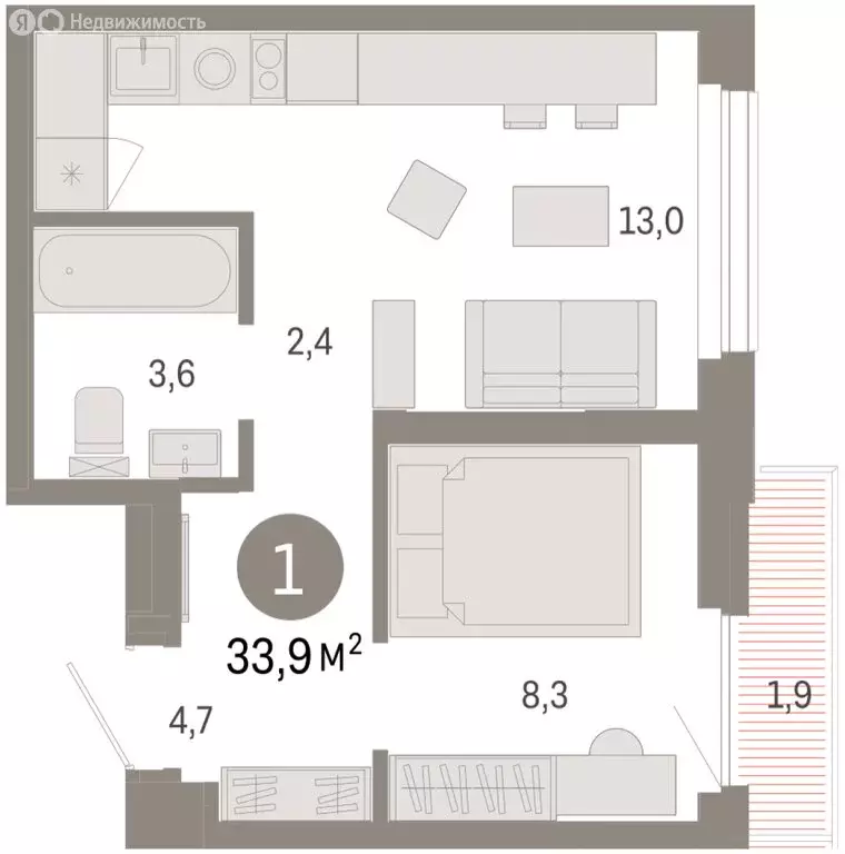 1-комнатная квартира: Тюмень, жилой комплекс Зарека (33.86 м) - Фото 1
