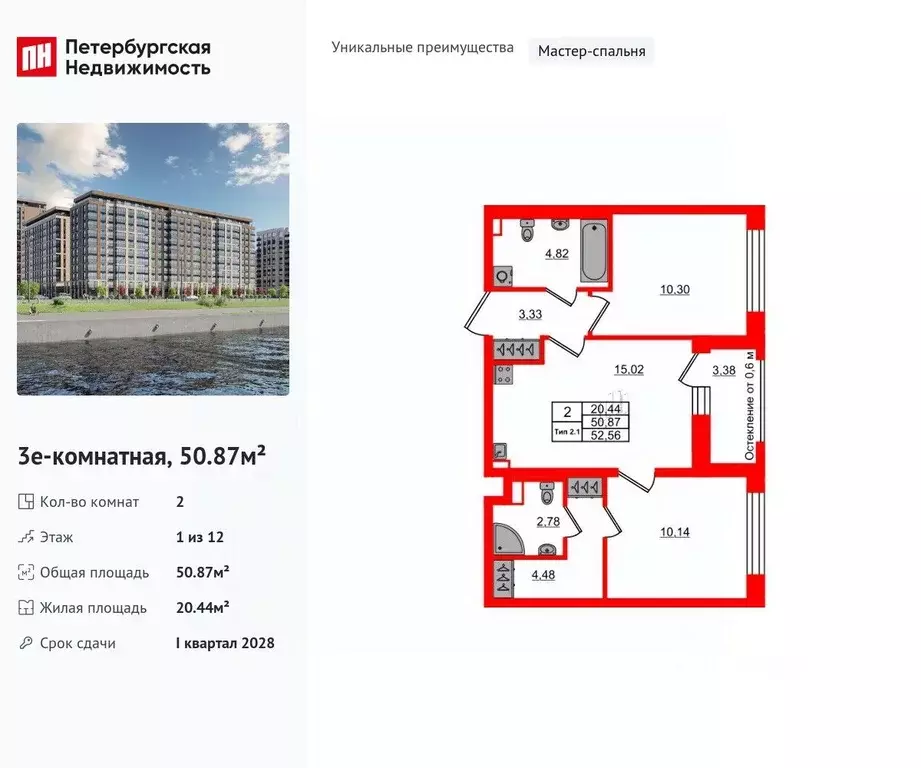 2-к кв. Санкт-Петербург Октябрьская наб. (50.87 м) - Фото 0