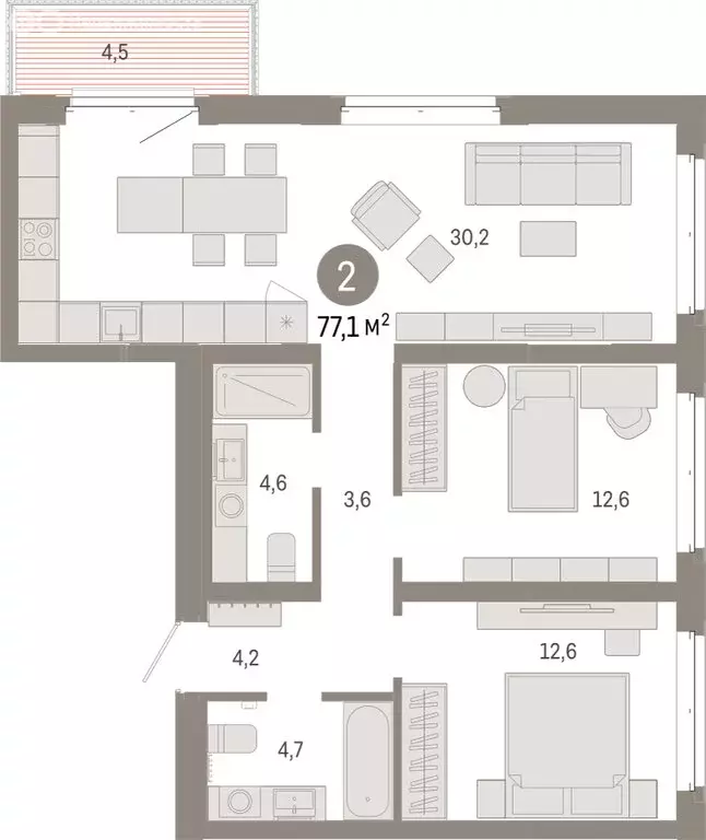 2-комнатная квартира: Тюмень, жилой комплекс На Минской (77.05 м) - Фото 1