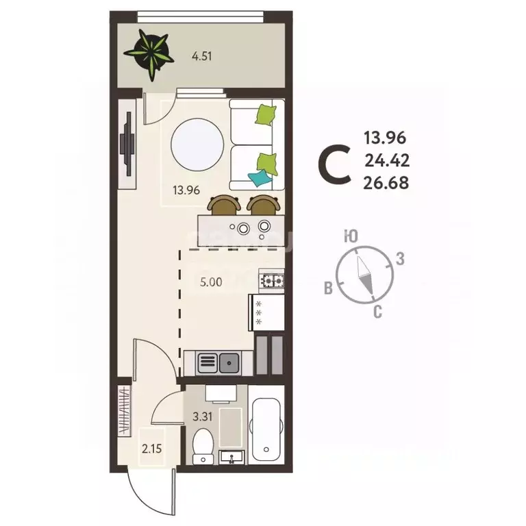 Студия Курская область, Курск ул. Энгельса, 115 (26.68 м) - Фото 1