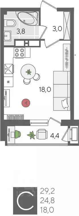 Студия Краснодарский край, Краснодар Новороссийская ул., 102И (29.2 м) - Фото 1
