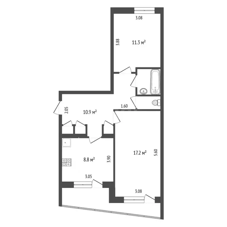 Квартира, 2 комнаты, 53.1 м - Фото 1