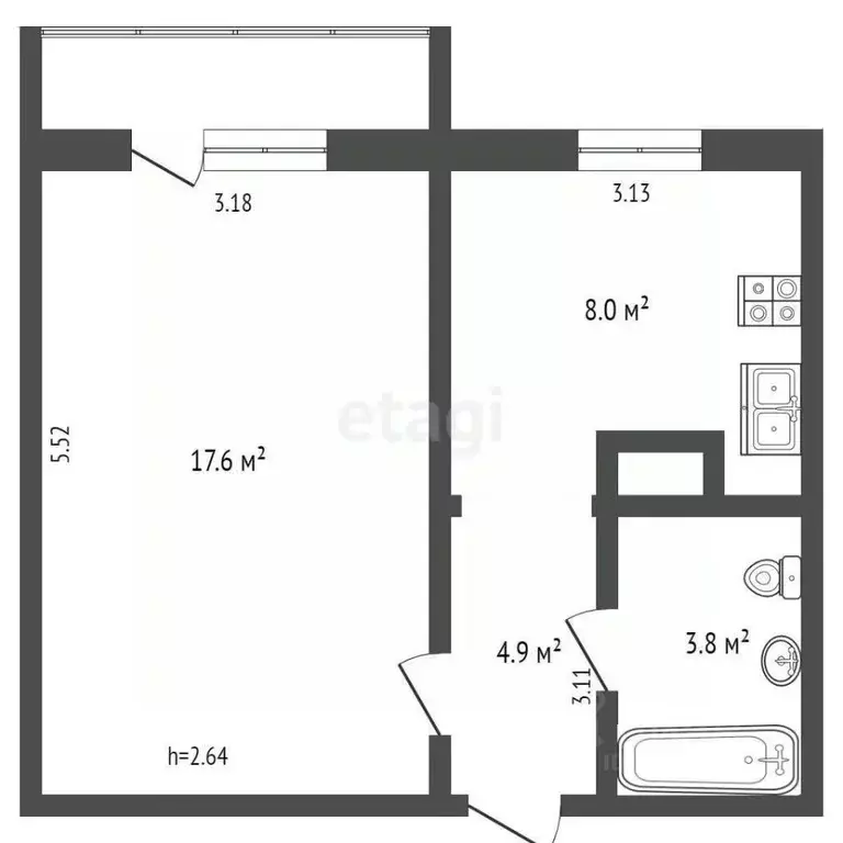 1-к кв. Ямало-Ненецкий АО, Ноябрьск Магистральная ул., 69 (34.0 м) - Фото 1