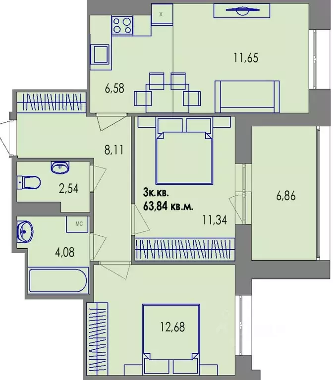 3-к кв. Карелия, Петрозаводск ул. Европейская, 2 (63.5 м) - Фото 1
