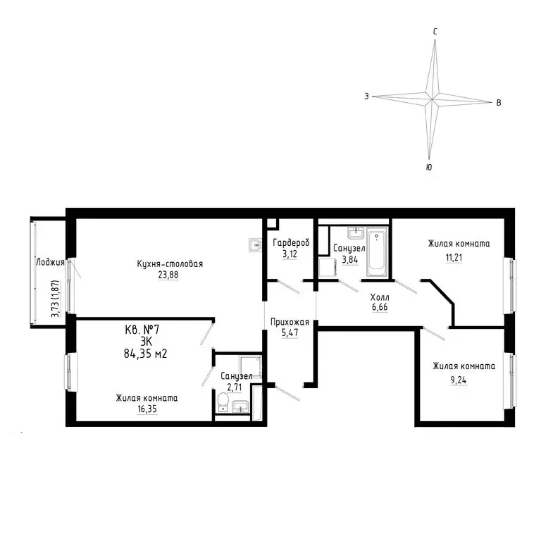 3-комнатная квартира: Новый, ЖК ДНС Сити (84.35 м) - Фото 0