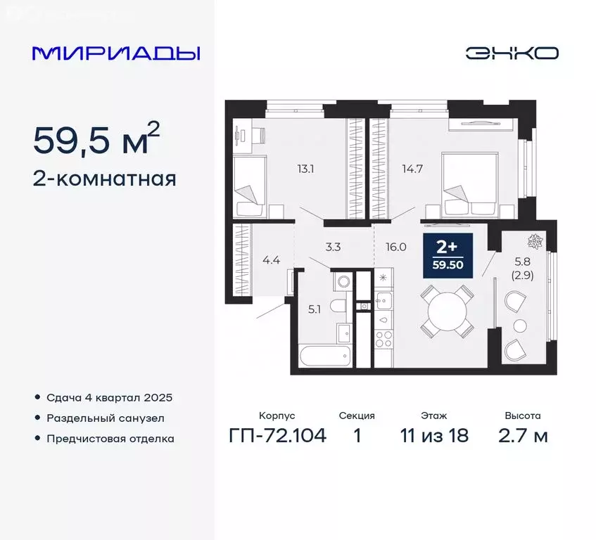 2-комнатная квартира: Тюмень, жилой комплекс Мириады (59.5 м) - Фото 0