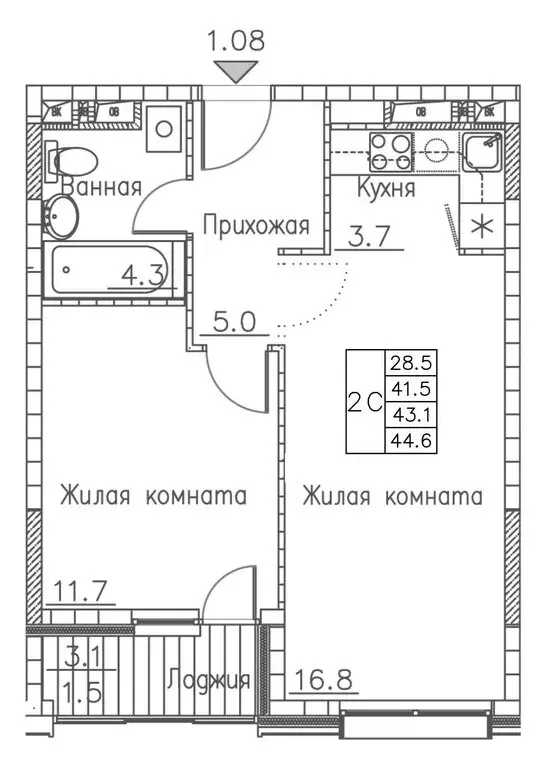 2-комнатная квартира: Владивосток, улица Расула Гамзатова, 7к1 (44.6 ... - Фото 0