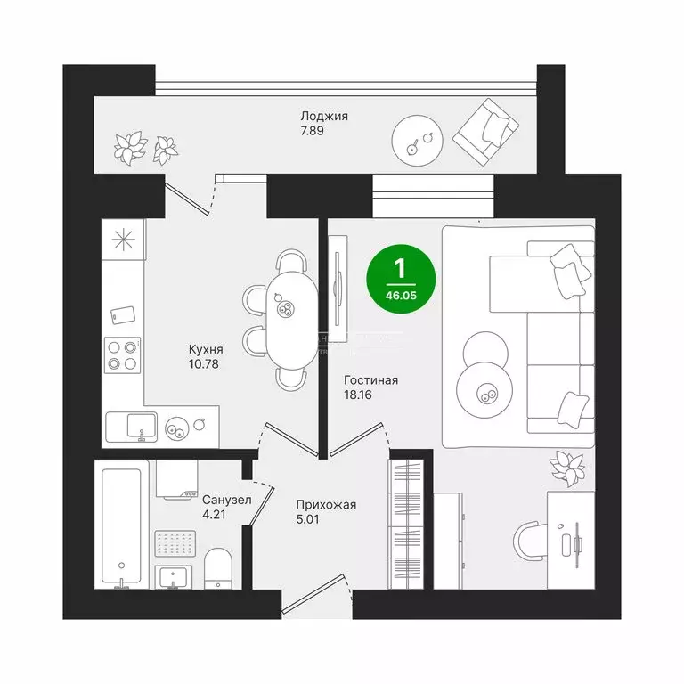 1-комнатная квартира: село Семёновка, Молодёжная улица, 15 (46.04 м) - Фото 1