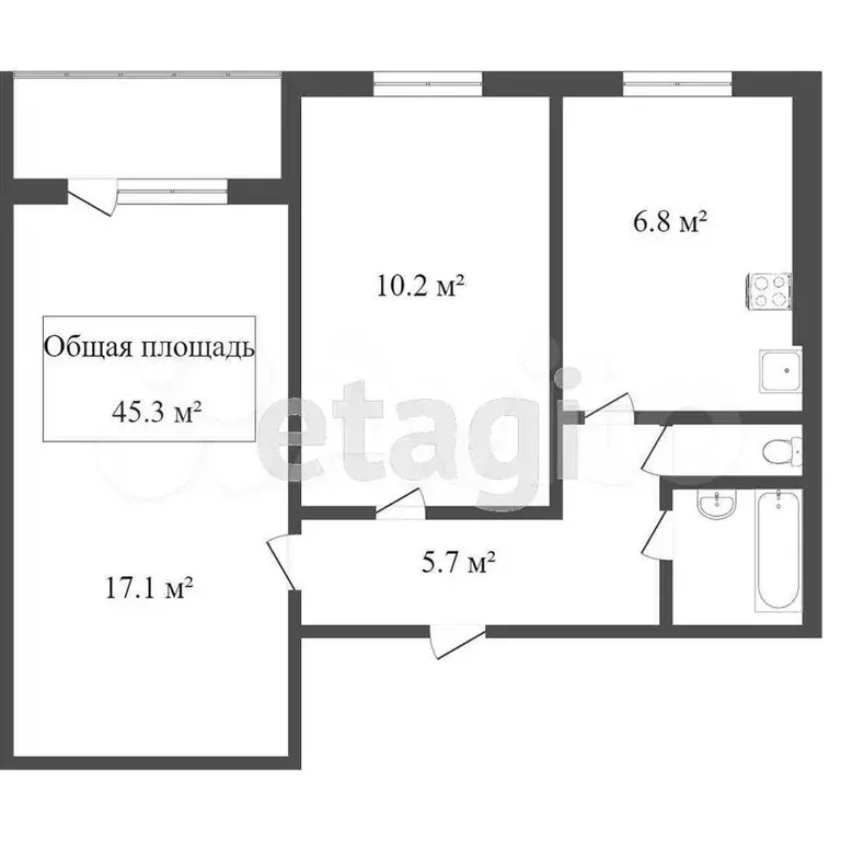 2-к. квартира, 46,4 м, 4/9 эт. - Фото 0