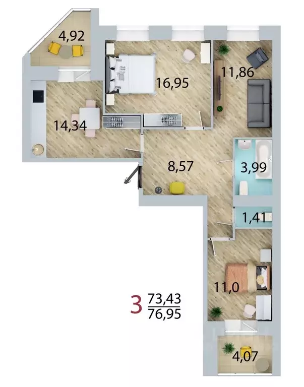 3-к кв. Омская область, Омск ул. 3-я Енисейская, 28/1 (73.43 м) - Фото 0