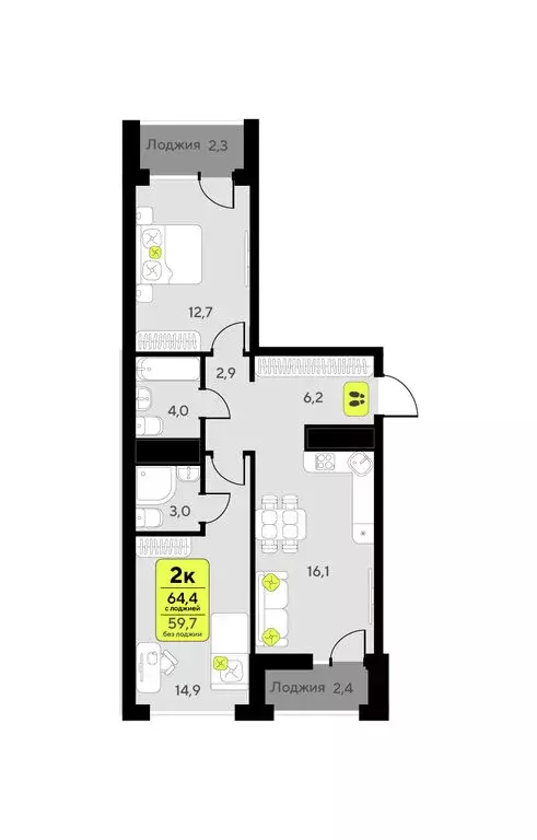 2-комнатная квартира: Тюмень, улица Андрея Приказнова, 1 (64.4 м) - Фото 1